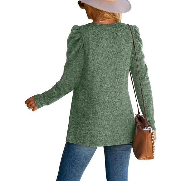 Womens  Lightweight Puff Sleeve Pleated Square Neck Tunic Sweaters Shirts - Picture 4 of 5